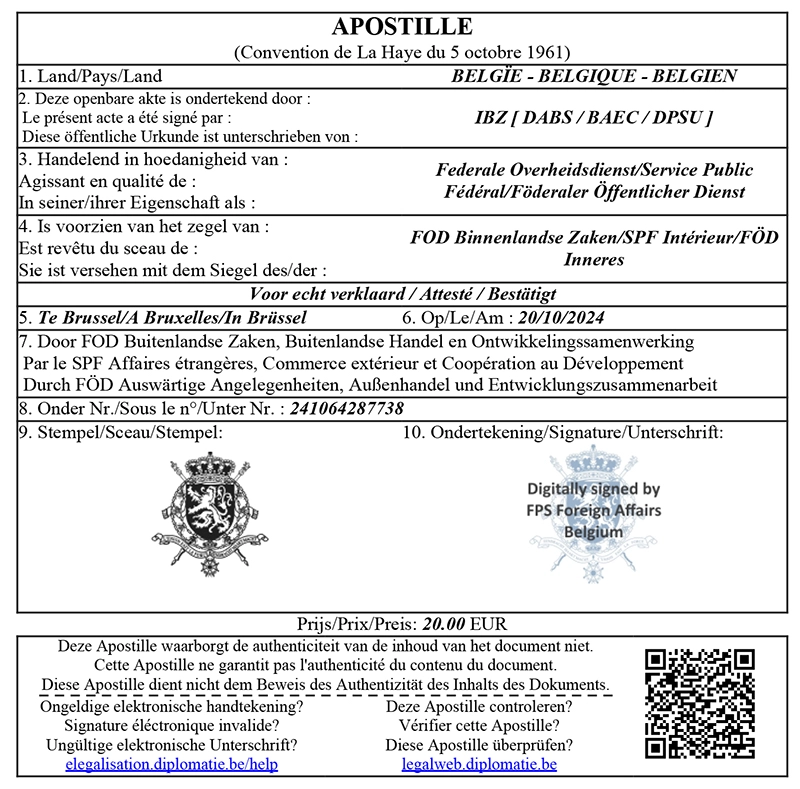 Apostille Belgium, photo or image of apostille