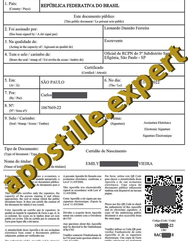 Image of an apostille document issued in Brazil, providing legalization for a birth certificate